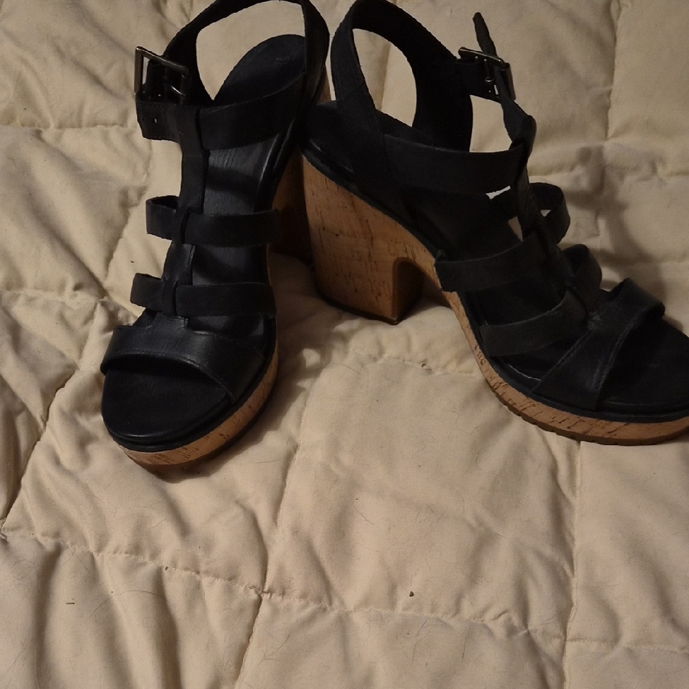Timberland Black Platform Sandals with Tan Sole